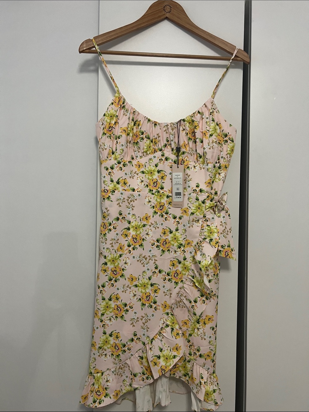 BCBGeneration Light Pink/Peach Color Floral Ruffle Wrap Mini Dress